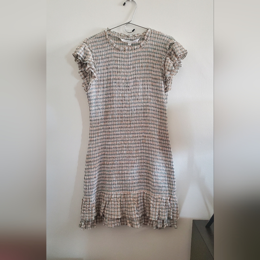 Veronica Beard Cream and Blue Ruffled Sheath Dress